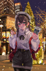 Rule 34 | 1girl, absurdres, ahoge, belt, black pantyhose, black shorts, blush, brown belt, brown hair, can, canned coffee, commentary request, drink can, earrings, green eyes, grin, hair between eyes, hat, highres, holding, holding can, hololive, jewelry, long hair, long sleeves, looking at viewer, nail polish, natsuiro matsuri, night, outdoors, pantyhose, pantyhose under shorts, pink nails, plaid, plaid headwear, plaid scarf, puffy long sleeves, puffy sleeves, red scarf, scarf, shorts, smile, snarkhunt, solo, suntory, sweater, turtleneck, turtleneck sweater, twintails, virtual youtuber, white sweater