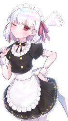 Rule 34 | 1girl, apron, black dress, dress, duster, fate/grand order, fate (series), feather duster, grey hair, hair ribbon, hand on own hip, highres, kama (fate), kama (mistake) (fate), maid, maid apron, maid headdress, one eye closed, red eyes, ribbon, white background, wrist cuffs, yubeshi (zecxl)