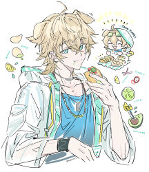 Rule 34 | 1boy, :3, :d, absurdres, arknights, avocado, bell pepper, blonde hair, blue eyes, blue shirt, chibi, chibi inset, collarbone, commentary, dog boy, dog tags, english commentary, eyewear on head, food, fruit, highres, holding, holding food, infection monitor (arknights), jacket, jewelry, kaninn, knife, lemon, lime (fruit), lime slice, male focus, necklace, onion, open mouth, pepper, see-through, see-through jacket, shirt, simple background, smile, solo, taco, tequila (arknights), upper body, white background, white jacket