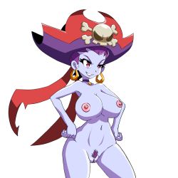 Rule 34 | 1girl, bandana, breasts, clitoris, earrings, hands on own hips, hat, headband, highres, jewelry, jolly roger, large breasts, nude, pirate hat, pubic hair, purple eyes, purple hair, pussy, risky boots, shantae, shantae (series), smile, standing, third-party edit
