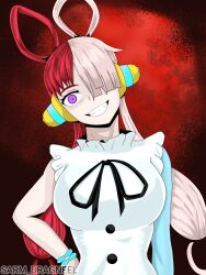 Rule 34 | 1girl, absurdres, black ribbon, crazy eyes, crazy smile, dress, hair over one eye, hair rings, headphones, headpiece, highres, long hair, looking at viewer, multicolored hair, non-web source, one piece, open mouth, purple eyes, red background, red hair, ribbon, sarmdragneel, smile, solo, split-color hair, two-tone hair, upper body, uta (one piece), white dress, white hair, wide-eyed