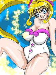 Rule 34 | 1girl, absurdres, blonde hair, blue eyes, breasts, cleavage, highres, large breasts, leotard, mermaid melody pichi pichi pitch, nanami lucia, pink leotard, twintails