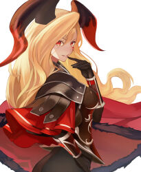 Rule 34 | 1girl, absurdres, armor, blonde hair, cape, dragon horns, facial mark, fate/grand order, fate (series), finger to mouth, fur trim, genshu doki, highres, horns, long hair, looking at viewer, looking to the side, nero claudius (fate), nero claudius (fate) (all), pteruges, queen draco (fate), red eyes, slit pupils, smile, solo, vambraces, white background, wind