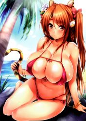 Rule 34 | 1girl, absurdres, animal ears, arm support, barefoot, bikini, blush, bow, bracelet, braid, breasts, brown eyes, brown hair, cameltoe, cleavage, cloud, collarbone, covered erect nipples, day, flower, goban, hair bow, hair flower, hair ornament, highres, huge breasts, jewelry, lens flare, long hair, looking at viewer, navel, original, palm tree, scan, shiny skin, sideboob, sitting, sky, smile, solo, swimsuit, tail, tail grab, tiger ears, tiger tail, tree, two side up, water, wet, yokozuwari