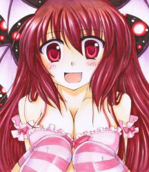 Rule 34 | 1girl, bad id, bad pixiv id, bare shoulders, bra, breasts, cleavage, embodiment of scarlet devil, fang, female focus, fujisaki kaon, gradient background, koakuma, large breasts, lingerie, long hair, open mouth, pink bra, red eyes, red hair, shikishi, smile, solo, striped clothes, striped thighhighs, thighhighs, touhou, traditional media, underwear, underwear only, very long hair