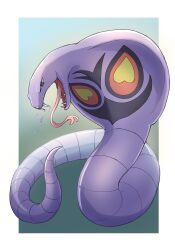Rule 34 | absurdres, animal focus, arbok, black eyes, border, bright pupils, commentary request, creatures (company), game freak, gen 1 pokemon, green background, highres, nintendo, no humans, open mouth, poison, pokemon, pokemon (creature), snake, solo, tkc (user snjd8547), tongue, tongue out, white border, white pupils