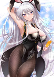 Rule 34 | 1girl, akatsuki (aktk511), alternate costume, animal ears, azur lane, black coat, black leotard, black necktie, breasts, champagne flute, coat, cup, detached collar, drinking glass, enterprise (azur lane), fake animal ears, fishnet pantyhose, fishnets, gold trim, highres, large breasts, leotard, long hair, looking at viewer, necktie, open clothes, open coat, pantyhose, playboy bunny, rabbit ears, silver hair, smile, solo, strapless, strapless leotard, upper body, very long hair, wrist cuffs