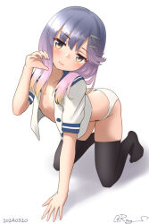 Rule 34 | 1girl, all fours, black thighhighs, blue sailor collar, breasts, gradient hair, hair down, kantai collection, multicolored hair, one-hour drawing challenge, open clothes, open shirt, panties, purple eyes, purple hair, ray.s, sailor collar, sailor shirt, shirt, simple background, small breasts, smile, solo, thighhighs, tsushima (kancolle), underwear, white background, white panties, white shirt