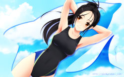 Rule 34 | 1girl, aizawa kotarou, armpits, arms behind head, arms up, bad id, bad pixiv id, black hair, breasts, cloud, competition swimsuit, day, dutch angle, female focus, long hair, one-piece swimsuit, orange eyes, outdoors, ponytail, sky, solo, swimsuit, wallpaper