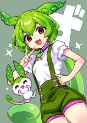 Rule 34 | 1girl, 1other, animal ears, breasts, brown eyes, green hair, hand up, kamaboko red, looking at viewer, open mouth, pea pod, personification, ponytail, puffy short sleeves, puffy sleeves, shirt, short sleeves, shorts, suspender shorts, suspenders, v, voicevox, white shirt, zundamon