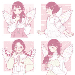 Rule 34 | 4girls, black hair, blush, bow, braid, dress, feathered wings, flower, fork, glasses, hair bow, holding, holding flower, holding fork, index finger raised, leaf, long hair, long sleeves, monochrome, multiple girls, original, overalls, pink background, pink flower, pink nails, pink theme, profile, round eyewear, shirt, shirt tucked in, short hair, smile, tongue, tongue out, twin braids, twintails, upper body, white dress, white overalls, white shirt, white wings, wings, yoshimon