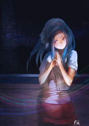 Rule 34 | 1girl, bandana, blue hair, breasts, brown pantyhose, closed mouth, cropped jacket, fingers together, hands up, jacket, long hair, masashi (excellent), night, night sky, open clothes, open jacket, original, pantyhose, parted bangs, purple eyes, red skirt, shirt, short sleeves, signature, skirt, sky, small breasts, smile, solo, star (sky), starry sky, striped clothes, striped shirt, vertical-striped clothes, vertical-striped shirt, white jacket