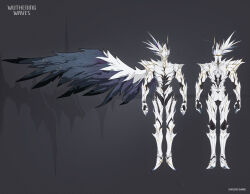 Rule 34 | armor, concept art, copyright notice, crownless (wuthering waves), english text, highres, monster, no humans, single wing, tagme, two-tone wings, white armor, wings, wuthering waves, yellow eyes