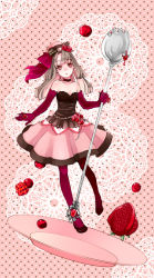 Rule 34 | bare shoulders, blush, dress, elbow gloves, flower, food, fruit, gloves, hair flower, hair ornament, happy birthday, hat, jewelry, long hair, open mouth, original, pantyhose, plate, red eyes, ring, silver hair, solo, spork, strawberry, tensui (yumemoyou)