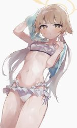 Rule 34 | 1girl, bikini, blue archive, breasts, epi zero, frilled bikini, frills, hair flaps, halo, hifumi (blue archive), hifumi (swimsuit) (blue archive), highres, light brown hair, long hair, looking at viewer, low twintails, navel, official alternate costume, parted lips, ribbon-trimmed bikini, ribbon trim, simple background, small breasts, solo, swimsuit, towel, twintails, wet, white background, white bikini, yellow eyes
