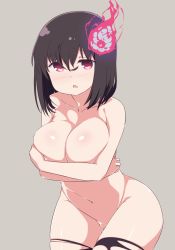 Rule 34 | 1girl, :o, black hair, black thighhighs, blush, breast hold, breasts, covering privates, covering breasts, fire, ghost, grey background, hair between eyes, highres, hitodama, large breasts, looking at viewer, medium hair, navel, nose blush, nude, open mouth, red eyes, simple background, solo, thighhighs, torn clothes, torn thighhighs, towa rui, towa rui (artist), towa rui channel, virtual youtuber
