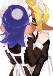 Rule 34 | 2girls, apron, black dress, blonde hair, blue hair, blush, colored eyelashes, cowboy shot, dark-skinned female, dark skin, dress, ear blush, frilled apron, frills, from behind, frye (splatoon), hair ornament, hair tie, half-closed eyes, hand on another&#039;s shoulder, inkling, isixkm5rknilodd, juliet sleeves, kiss, long hair, long pointy ears, long sleeves, maid, maid apron, maid headdress, mainichi yamucha, multiple girls, nintendo, octoling, pointy ears, puffy sleeves, shiver (splatoon), splatoon (series), splatoon 3, star-shaped pupils, star (symbol), suction cups, symbol-shaped pupils, tentacle hair, white apron, white background, x hair ornament, yellow eyes, yuri