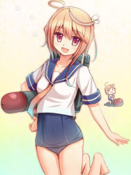 Rule 34 | 10s, 1girl, akisame rizu, barefoot, blonde hair, chibi, dual persona, i-58 (kancolle), kantai collection, one-piece swimsuit, red eyes, school swimsuit, school uniform, serafuku, short hair, swimsuit, swimsuit under clothes, torpedo, type 95 torpedo