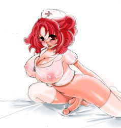 Rule 34 | blush, bottomless, breasts, cleavage, futanari, huge breasts, kimi (pixiv 668787), large breasts, nurse, penis, red eyes, red hair, see-through, solo, testicles, thighhighs