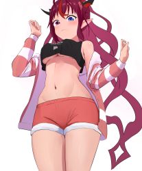 Rule 34 | 1girl, absurdres, angelchama, bare legs, bare shoulders, black shirt, blouse, blush, breasts, closed mouth, clothes pull, covered erect nipples, demon girl, demon horns, heterochromia, highres, hololive, hololive english, horns, irys (hololive), legs, long hair, looking down, medium breasts, multicolored hair, multiple horns, navel, no bra, pointy ears, red hair, shirt, shorts, simple background, solo, standing, stomach, sweater, sweater pull, thighs, tight clothes, underboob, very long hair, virtual youtuber, white background
