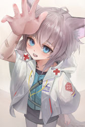 Rule 34 | 1girl, absurdres, animal ears, arknights, bandaid, bandaid on arm, black skirt, blue eyes, blue shirt, coat, commentary request, cross, fox ears, fox girl, fox tail, happy, henginnnnnn, highres, material growth, medic, open mouth, oripathy lesion (arknights), platinum blonde hair, red cross, shirt, skirt, smile, solo, sussurro (arknights), tail, white coat