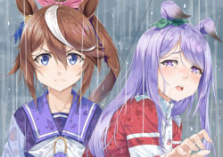 Rule 34 | 2girls, animal ears, blue eyes, bow, brown hair, closed mouth, collarbone, commentary request, crying, crying with eyes open, ear ribbon, green ribbon, hair ribbon, hand up, horse ears, jacket, long hair, long sleeves, mejiro mcqueen (umamusume), miri (ago550421), multicolored hair, multiple girls, nail polish, open mouth, pink nails, pink ribbon, ponytail, purple eyes, purple hair, purple shirt, rain, red jacket, ribbon, school uniform, shirt, streaked hair, sweat, tears, teeth, tokai teio (umamusume), tracen school uniform, track jacket, umamusume, upper body, upper teeth only, wet, wet clothes, wet jacket, wet shirt, white bow, white hair