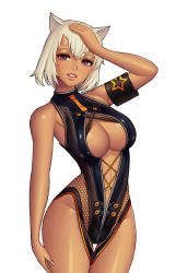 Rule 34 | 1girl, animal ears, armband, blonde hair, breasts, cat ears, corgi (artist), cowboy shot, cross-laced clothes, dark skin, dark-skinned female, destiny child, highres, horns, large breasts, lips, looking at viewer, mona (destiny child), one-piece swimsuit, parted lips, purple eyes, short hair, solo, swimsuit, thigh gap