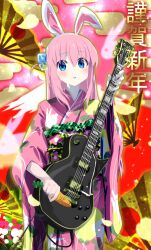 Rule 34 | 1girl, :o, absurdres, animal ears, animal print, blue eyes, blush, bocchi the rock!, carrot, commentary request, cube hair ornament, egasumi, electric guitar, fake animal ears, fan print, folding fan, food, furisode, gotoh hitori, guitar, hair ornament, hand fan, happy new year, highres, holding, holding food, holding instrument, holding vegetable, instrument, japanese clothes, kimono, long hair, long sleeves, looking at viewer, mount fuji, nengajou, new year, open mouth, pink hair, pink kimono, print kimono, rabbit ears, rabbit print, sengoku chidori, solo, standing, translated, vegetable, wide sleeves