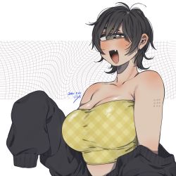 Rule 34 | 1girl, :d, antenna hair, bare shoulders, black hair, black jacket, blush, breasts, brown eyes, cleavage, cyclops, dated, fang, grey eyes, highres, jacket, large breasts, long sleeves, looking at viewer, messy hair, muroku (aimichiyo0526), one-eyed, open mouth, original, short hair, shoulder tattoo, signature, sleeves past fingers, sleeves past wrists, smile, solo, strapless, tattoo, tube top, upper body