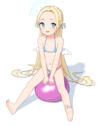 Rule 34 | 1girl, alternate costume, angel wings, arm support, ball, barefoot, bikini, blonde hair, blue archive, blue bikini, blue eyes, blue halo, blush, commentary, feathered wings, forehead, full body, halo, highres, long hair, looking to the side, micro bikini, mini wings, navel, open mouth, parted bangs, shin (shincrz), simple background, sitting, soles, solo, sora (blue archive), string bikini, swimsuit, very long hair, white background, white wings, wings