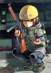 Rule 34 | 1girl, armband, backpack, bag, blue armband, blue pants, brown eyes, brown hair, buttons, can, canned food, cup, denim, full body, gou (double trigger), grey jacket, gun, helmet, holding, holding weapon, hood, hooded jacket, jacket, jeans, long sleeves, medium hair, mug, original, pants, safety glasses, shoes, signature, solo, squatting, submachine gun, thompson submachine gun, weapon, yellow headwear
