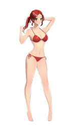 Rule 34 | 1girl, arm up, armpits, barefoot, bikini, blue eyes, breasts, cleavage, collarbone, drift girls, full body, hand in own hair, highres, long hair, looking at viewer, medium breasts, navel, official art, ponytail, red bikini, red hair, sara (drift girls), shiny skin, side-tie bikini bottom, simple background, solo, swimsuit, white background