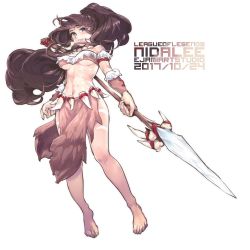 Rule 34 | 1girl, bare shoulders, barefoot, breasts, brown hair, closed mouth, dated, ejami, facial mark, feet, jewelry, league of legends, long hair, looking at viewer, navel, nidalee, polearm, ponytail, simple background, solo, spear, tattoo, tribal, tribal tattoo, weapon, white background