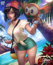 Rule 34 | 1girl, artist name, bag, bare legs, beach, beak, beanie, between breasts, bird, black hair, blue eyes, blue sky, breasts, bright pupils, cloud, collarbone, creatures (company), day, dutch angle, eyelashes, floral print, flower, game freak, gen 7 pokemon, green shorts, hat, hibiscus, highres, holding, holding poke ball, horizon, leg up, lips, logan cure, medium breasts, nintendo, ocean, outdoors, owl, palm tree, parted lips, patreon logo, plant, poke ball, poke ball (basic), pokemon, pokemon (creature), pokemon sm, print shirt, red flower, red hat, ribbon, rowlet, sand, selene (pokemon), shirt, shore, short hair, short shorts, short sleeves, shorts, shoulder bag, sky, smile, standing, standing on one leg, strap between breasts, teeth, thighs, tied shirt, tree, water, watermark, web address, yellow ribbon, yellow shirt