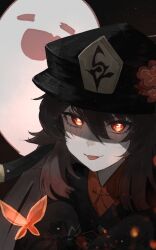 Rule 34 | 1girl, :p, black coat, black hat, blush, boo tao (genshin impact), bright pupils, brown hair, coat, commentary, embers, flower, genshin impact, ghost, hair between eyes, hat, hat flower, highres, hu tao (genshin impact), long hair, looking at viewer, mugwort, red eyes, red shirt, shaded face, shirt, sleeves past fingers, sleeves past wrists, solo, tongue, tongue out, twintails, upper body, white pupils