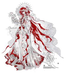 Rule 34 | 1girl, artist name, blood, blood on clothes, blue eyes, bouquet, bow, bridal veil, dress, dress bow, flower, full body, halo, halo behind head, highres, holding, holding bouquet, juliet sleeves, lace-trimmed veil, lace trim, long hair, long sleeves, looking at viewer, original, puffy sleeves, red footwear, red hair, red nails, s xing guowang, shoes, simple background, smile, solo, standing, veil, watermark, wedding dress, white background, white dress, white flower, white veil