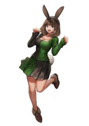 Rule 34 | 1girl, absurdres, animal ears, black shirt, blouse, bob cut, brown eyes, brown hair, bunny girl, dragon quest, dragon quest xi, dress, fake animal ears, green shirt, highres, jun (navigavi), looking at viewer, open mouth, rabbit ears, rabbit tail, shirt, simple background, smile, solo, tail, white background