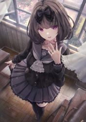 Rule 34 | ascot, bag, black bow, black shirt, black skirt, black thighhighs, blurry, bob cut, bow, brown hair, buttons, curtains, depth of field, desk, fence, frilled ascot, frills, from above, hair bow, hand up, highres, indoors, light particles, long sleeves, looking at viewer, missile228, nail polish, open window, original, parted lips, pink nails, pleated skirt, purple eyes, sailor collar, school, school bag, school desk, school uniform, shirt, short hair, skirt, standing, thighhighs, tree, wind, window, zettai ryouiki