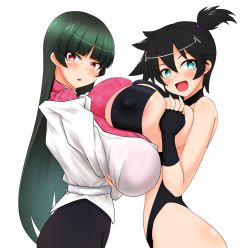 Rule 34 | 2girls, adapted costume, aqua eyes, areola slip, armpits, asymmetrical hair, bar censor, bare legs, black hair, blush, breasts, censored, cowboy shot, creatures (company), denim, denim shorts, eyelashes, game freak, gen 1 pokemon, gloves, green eyes, gym leader, hair tie, huge breasts, large areolae, legs, long hair, looking at viewer, misty (pokemon), multiple girls, navel, nintendo, one-piece swimsuit, open mouth, orange hair, parmiria, pokemon, pokemon: the electric tale of pikachu, ponytail, red eyes, sabrina (pokemon), shiny skin, shirt, short hair, short shorts, shorts, side ponytail, simple background, smile, suspenders, swimsuit, white background