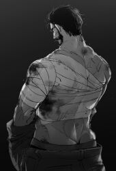 Rule 34 | 1boy, back, back focus, bandaged chest, bara, beard, blood, bruise, butt crack, facial hair, from behind, graves (league of legends), greyscale, hair slicked back, injury, karipaku, league of legends, looking down, male focus, monochrome, muscular, muscular male, mustache, short hair, solo, thick eyebrows, topless male, undressing