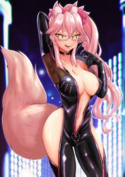 Rule 34 | 1girl, absurdres, animal ear fluff, animal ears, arms behind back, black bodysuit, blush, bodysuit, breasts, center opening, choker, city lights, clothing cutout, collarbone, covered erect nipples, fate/grand order, fate (series), fox ears, fox girl, fox tail, glasses, heart, highres, koyanskaya (fate), large breasts, navel, navel cutout, night, outdoors, pink hair, pucci-la-pucci, tail, tamamo (fate), tamamo (fate), tongue