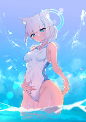 Rule 34 | 1girl, absurdres, animal ear fluff, animal ears, blue archive, blue eyes, blue sky, breasts, cameltoe, cloud, competition swimsuit, covered navel, cowboy shot, cross hair ornament, extra ears, from below, grey hair, hair ornament, halo, highleg, highleg swimsuit, highres, low ponytail, medium breasts, medium hair, mismatched pupils, multicolored clothes, multicolored swimsuit, one-piece swimsuit, pareorepa, partially submerged, partially underwater shot, shiroko (blue archive), shiroko (swimsuit) (blue archive), sky, solo, standing, swimsuit, underwater, wading, white one-piece swimsuit