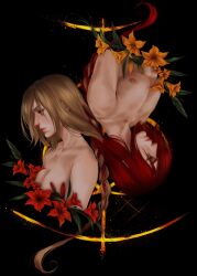 Rule 34 | 1boy, 1girl, absurdres, back-to-back, bare arms, bare pectorals, bare shoulders, black background, blonde hair, body freckles, braid, breasts, cleavage, couple, elden ring, elden ring (object), facing away, flower, freckles, from side, hair over eyes, highres, husband and wife, intertwined hair, long braid, long hair, looking to the side, medium breasts, muscular, muscular male, pectorals, queen marika the eternal, radagon of the golden order, raviollies, red flower, red hair, rotational symmetry, single braid, symmetry, topless male, very long hair, yellow eyes, yellow flower
