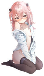 Rule 34 | 1girl, between legs, black thighhighs, blush, breasts, collarbone, crossed bangs, full body, hair between eyes, hand between legs, highres, inui sajuna, long hair, long sleeves, looking at viewer, naked shirt, namikishiho, off shoulder, pink hair, purple eyes, seiza, shirt, sitting, small breasts, solo, sono bisque doll wa koi wo suru, thighhighs, two side up, white background