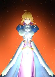 Rule 34 | 1girl, absurdres, ahoge, armor, armored dress, artoria pendragon (all), artoria pendragon (fate), blonde hair, dress, excalibur (fate/stay night), fate/stay night, fate (series), gauntlets, glowing, glowing sword, glowing weapon, green eyes, hair ribbon, hands on hilt, highres, kisama (0213), planted, planted sword, planted weapon, ribbon, saber (fate), solo, sword, weapon