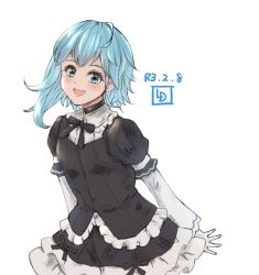 Rule 34 | 1girl, alternate costume, artist logo, asymmetrical hair, black dress, blue eyes, blue hair, commentary request, cowboy shot, dated, dress, fang, frilled dress, frills, gloves, gothic lolita, highres, kantai collection, ld (luna dial398), lolita fashion, looking at viewer, minazuki (kancolle), one-hour drawing challenge, short hair, simple background, skin fang, solo, white background, white gloves