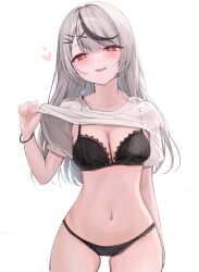 Rule 34 | 1girl, absurdres, black bra, black hair, black panties, blush, bra, breasts, cleavage, clothes lift, cowboy shot, grey hair, hair ornament, heart, heart-shaped pupils, highres, hololive, iruka3, lace, lace-trimmed bra, lace-trimmed panties, lace trim, lifting own clothes, long hair, looking at viewer, medium breasts, multicolored hair, navel, panties, red eyes, sakamata chloe, seductive smile, shirt, shirt lift, short sleeves, simple background, smile, solo, stomach, straight-on, streaked hair, symbol-shaped pupils, thigh gap, underwear, virtual youtuber, white background, white shirt, x hair ornament