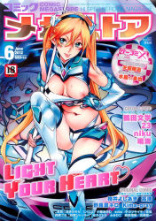 Rule 34 | 1girl, :p, aqua eyes, blonde hair, boots, breasts, car, comic megastore, cover, cover page, elbow gloves, fingerless gloves, gloves, large breasts, long hair, motor vehicle, navel, nipples, nishieda, race queen, sitting, solo, sweat, thigh boots, thighhighs, tongue, tongue out, vehicle