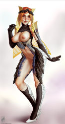 Rule 34 | 1girl, absurdres, ass, bodysuit, breasts, breasts out, circlet, clothing cutout, destiny (game), gloves, hand up, headgear, heels, highres, looking at viewer, midriff, navel, nipples, orange eyes, orange hair, personification, pussy, smile, solo, source request, sunshot (destiny), themaestronoob, thighs, veil