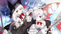 Rule 34 | 2girls, ahoge, animal hood, azur lane, bident, black skirt, blouse, blush, breasts, cat hood, cleavage, closed mouth, commentary request, detached sleeves, erebus (azur lane), frills, gloves, hair over one eye, hands in opposite sleeves, highres, holding, holding weapon, hood, large breasts, leaning forward, light smile, long hair, looking at viewer, multiple girls, ocean, official art, outdoors, polearm, purple eyes, saru, ship, shirt, short hair, skirt, sleeves past elbows, terror (azur lane), watercraft, weapon, white gloves, white hair, white shirt